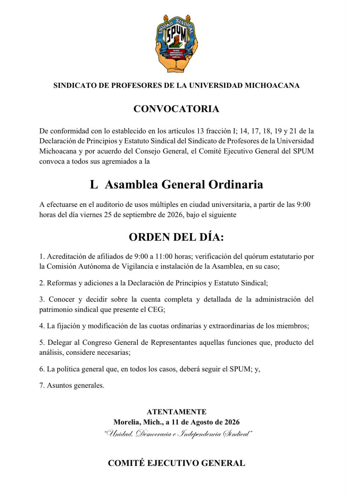 Convocatoria a la L Asamblea General Ordinaria
