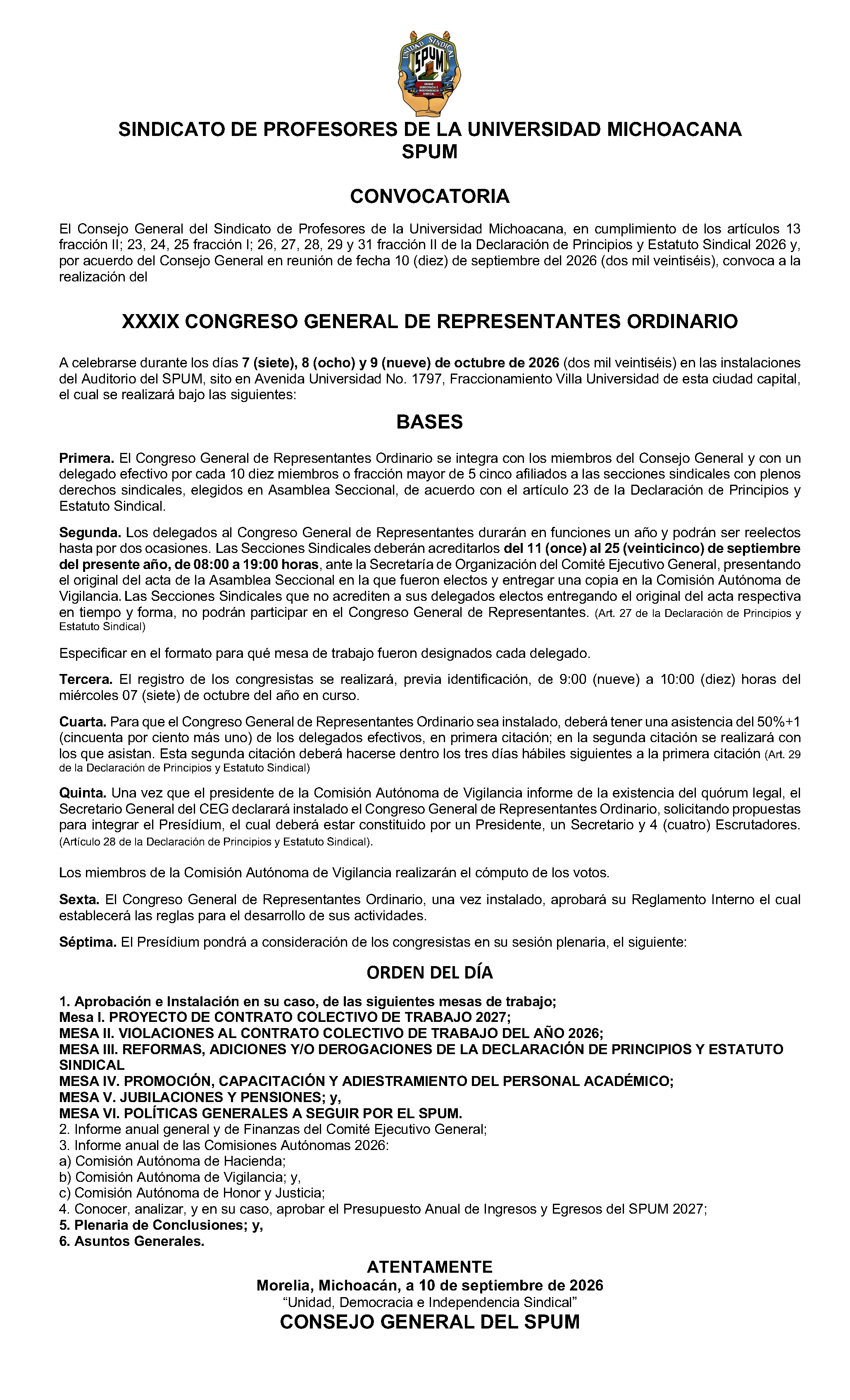 Convocatoria al XXXIX Congreso General de Representantes