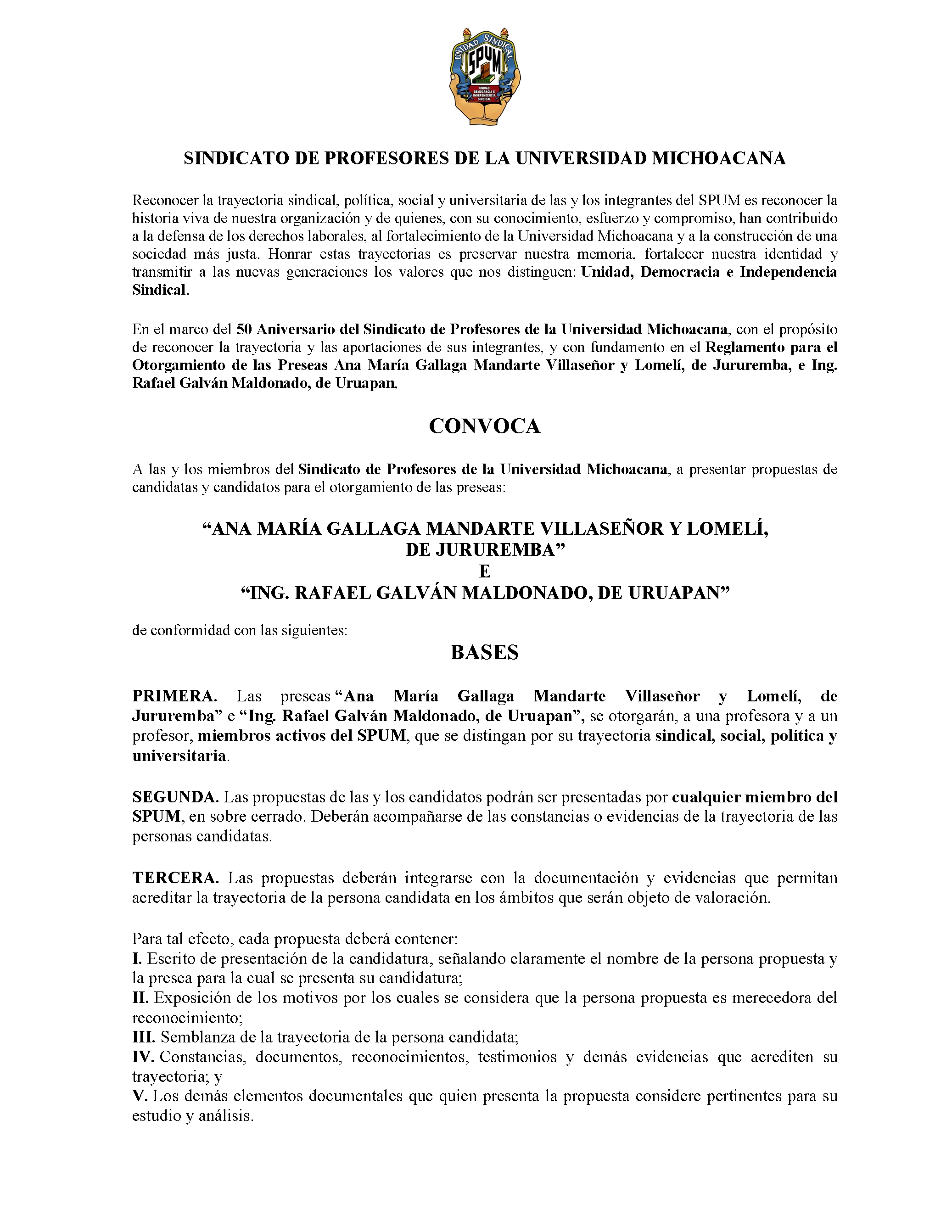 Convocatoria para propuestas para las preseas “Ana María Gallaga Mandarte Villaseñor y Lomelí, de Jururemba” e “Ing. Rafael Galván Maldonado, de Uruapan”